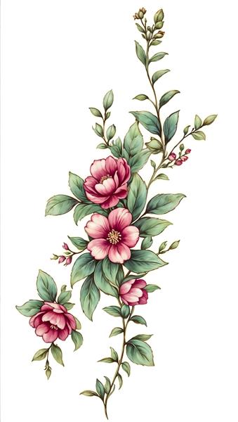 طرح وکتور گل‌های مینیاتوری با رنگ صورتی ملایم و ساقه سبز برای چاپ پرده تصویری و پوستر دیواری اتاق نشیمن و تالار