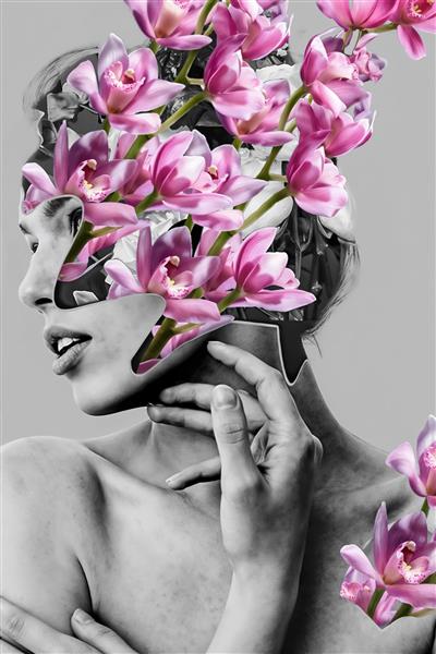 پرتره هنری سوررئال زن با گلهای ارکیده صورتی مناسب پوستر دیواری سالن زیبایی و اتاق خواب مدرن با قابلیت چاپ روی بوم و تابلو دکوراتیو