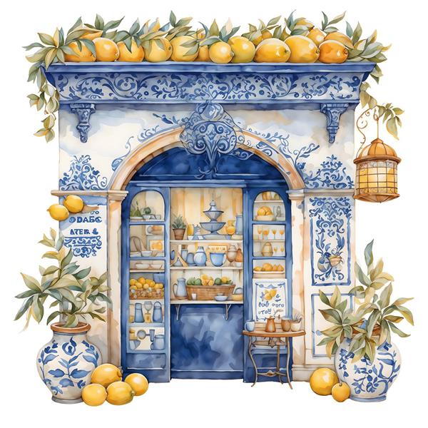 تصویر آبرنگی نمای مغازه میوه فروشی اروپایی با لیموهای زرد جهت چاپ پوستر دیواری آشپزخانه و کافی‌شاپ