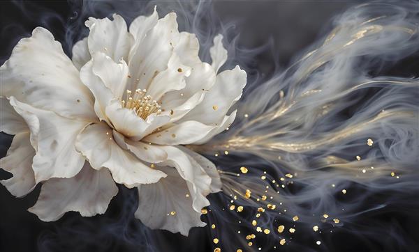 پوستر سه بعدی انتزاعی طرح گل سفید و دود طلایی با استایل لوکس جهت نصب در پشت میز مدیریت و اتاق کنفرانس