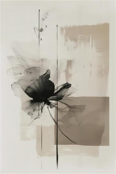 پوستر دیواری مدرن و مینیمال با طرح انتزاعی تک‌گل مشکی و بلوک‌های کرم و قهوه‌ای برای دفاتر مهندسی