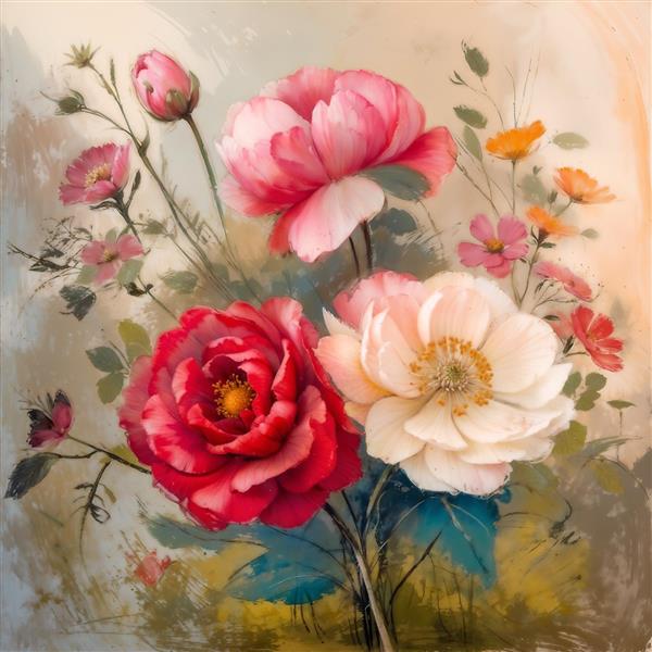 نقاشی آبرنگی ترکیبی از گل‌های رز و صدتومانی درشت برای پوستر دیواری هنری اتاق خواب مستر