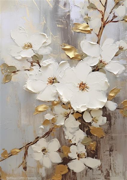 پوستر سه بعدی گل‌های کاردکی سفید با برگ‌های طلایی براق مناسب برای دکوراسیون مدرن لابی و پشت مبل