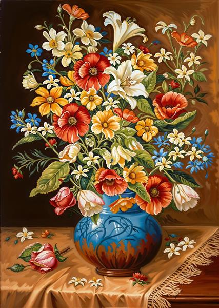 نقاشی کلاسیک گلدان گل‌های رنگارنگ وحشی و خشخاش قرمز برای تابلو دکوراتیو فضای ناهارخوری و هتل