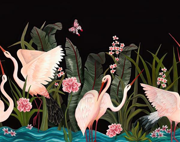 پوستر دیواری طرح فلامینگوهای صورتی در مرداب تاریک با برگ‌های استوایی مناسب برای اتاق خواب و سالن اسپا
