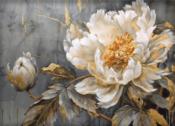 پوستر دیواری لوکس طرح گل درشت با رگه‌های طلایی و طوسی ویژه دیوار شاخص پذیرایی و پشت کنسول