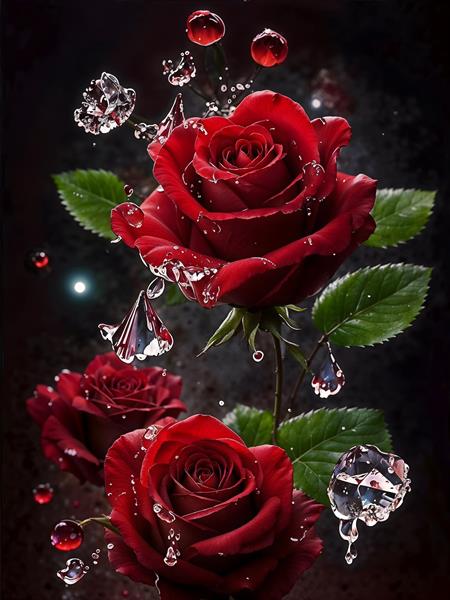 عکس باکیفیت رز قرمز با قطرات آب و الماس برای چاپ روی کوسن، ماگ و پوستر دیواری رمانتیک اتاق خواب