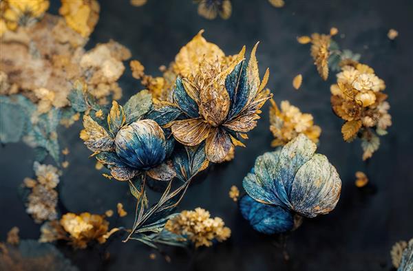 کاغذ دیواری طرح گل‌های انتزاعی با تناژ آبی و طلایی تیره مناسب برای دیوارهای کنفرانس روم و دفاتر اداری مدرن