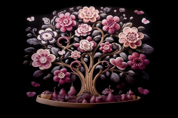 تابلو دکوراتیو طرح درخت زندگی با گل‌های برجسته صورتی و بنفش برای دکوراسیون اتاق کودک و مهدکودک