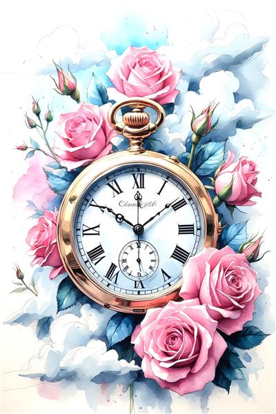 طرح تلفیقی ساعت جیبی آنتیک و گل‌های رز صورتی مناسب پوستر دیواری کلاسیک و دکوراسیون اتاق کار