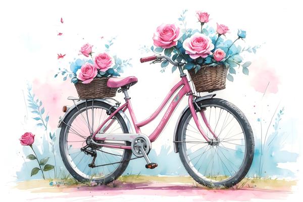 تصویر آبرنگی دوچرخه صورتی با سبد گل‌های رز برای پوستر دیواری اتاق خواب دخترانه و دکوراسیون فضاهای هنری