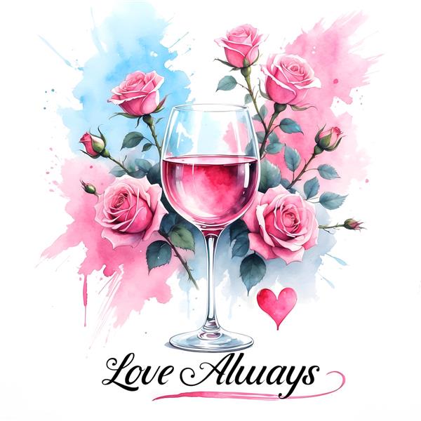 پوستر دیواری فانتزی با طرح لیوان نوشیدنی و گل‌های رز صورتی با متن Love Always ویژه کافی‌شاپ و آشپزخانه مدرن
