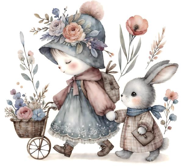 تصویرسازی آبرنگی دخترک و خرگوش در حال پیاده‌روی مناسب پوستر دیواری اتاق کودک، مهدکودک و روتختی نوزاد