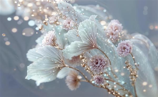 پوستر دیواری شکوفه‌های بهاری نقره‌ای و مرواریدی درخشان با تم ملایم مناسب اتاق عقد، هتل و پرده‌های حریر چاپی