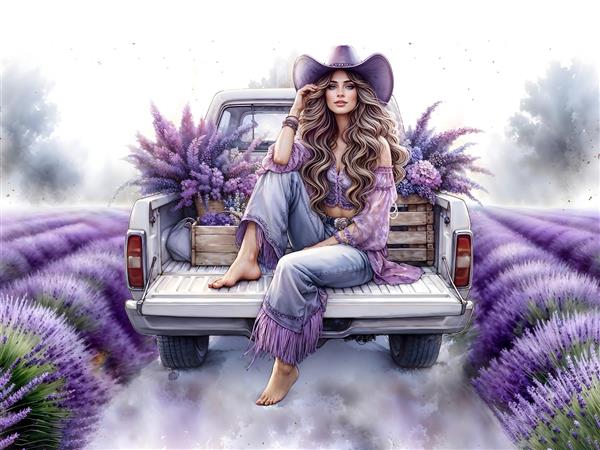 تصویر گرافیکی دختر کلاه سیلندری در دشت اسطوخودوس سوار بر ماشین قدیمی برای پوستر دیواری فانتزی و دفترچه یادداشت فانتزی