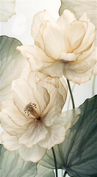 طرح عمودی گل‌های لوتوس خنثی و کرم با برگ‌های سبز دودی مناسب پوستر دیواری سه بعدی، روتختی بزرگسال و پارتیشن لوکس