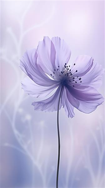 پوستر دیواری گل تک شاخه بنفش فانتزی با پس‌زمینه محو رویایی برای پذیرایی، اتاق خواب مستر و پرده‌های تصویری پانچی