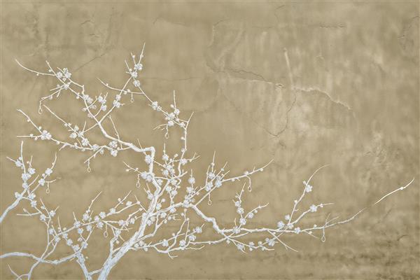 طرح مینیمال شاخه های سپید پوش با شکوفه های ریز روی زمینه طلایی مات ویژه پوستر دیواری اتاق کار و فضاهای اداری مدرن