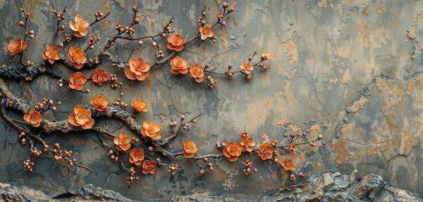 پوستر دیواری با طرح شاخه شکوفه های نارنجی روی زمینه بتنی و روستیک ویژه کافی شاپ ها، رستوران ها و فضاهای دکوراسیون صنعتی