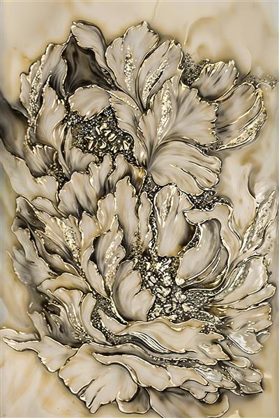 نقاشی گل صد تومانی با رگه های طلا و سنگ مرمر بژ برای پوستر دیواری پشت تختخواب، مزون ها و چاپ روی بوم دکوراتیو و کوسن