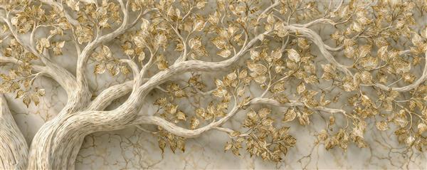 پوستر دیواری پانوراما طرح تنه درخت قدیمی با برگ های ریز طلایی برای فضای پشت کاناپه، ویلاها و دکوراسیون کلاسیک و نئوکلاسیک