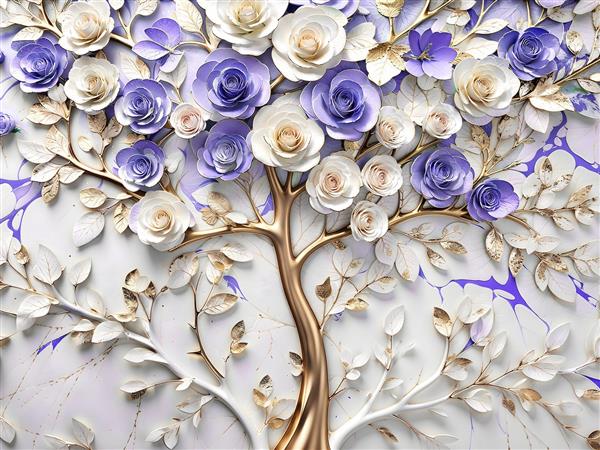 طرح عمارت و شکوفه های کرم و بنفش با رگه های طلایی ویژه پوستر دیواری سالن های تشریفات و لابی مجتمع های مسکونی لوکس