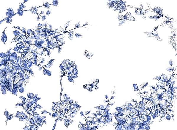 طرح آبرنگی گل و پرنامه آبی و سفید (سبک چینی) برای پوستر دیواری اتاق کودک، مهدکودک و چاپ روی روتختی و دفترچه یادداشت