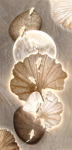 پوستر دیواری عمودی با طرح انتزاعی ماهی کوی و صدف های نورانی مناسب راهرو، ورودی آپارتمان و فضای پشت کمد و بوفه