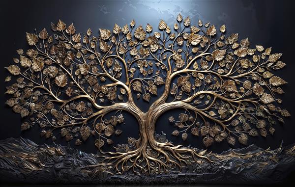تابلو دکوراتیو و پوستر دیواری طرح درخت با برگ های طلایی برجسته روی زمینه مشکی زغالی ویژه دفتر مدیریت و سالن های کنفرانس لوکس