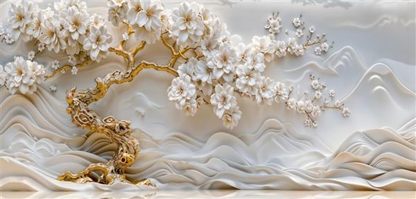 پوستر دیواری سه بعدی شکوفه های بهاری سفید و طلایی با نمای صخره های مرمرین مناسب پشت تلویزیون و دیوار اتاق نشیمن و لابی