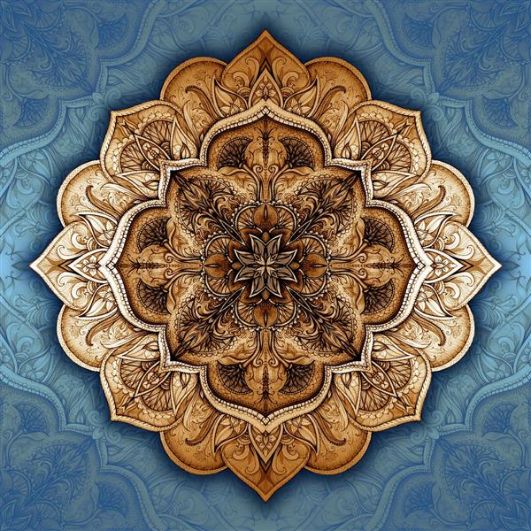 ماندالای سنتی و اسلیمی با رنگ قهوه ای و آبی طلایی برای پوستر دیواری سنتی و سقف کاذب سالن های پذیرایی و چاپ روی بشقاب دکوراتیو