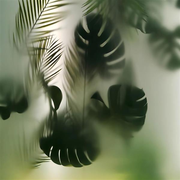 طرح مدرن و انتزاعی برگ انجیری و نخل پشت شیشه مشجر ویژه پوستر دیواری ادارات و فضای مینیمال با قابلیت استفاده در چاپ پارتیشن و شیشه