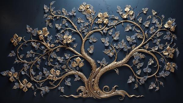 طرح برجسته درخت زندگی طلایی و لوکس مناسب پوستر دیواری پذیرایی و لابی هتل با قابلیت چاپ روی تابلو دکوراتیو و دیوارپوش سه بعدی
