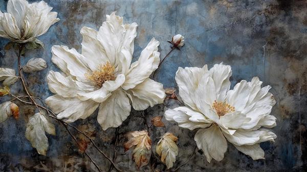 نقاشی رنگ روغن گل‌های پیونی کرم با پس‌زمینه انتزاعی تیره برای تابلو دکوراتیو پذیرایی و اتاق خواب