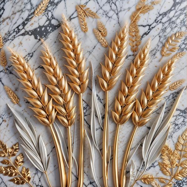 پوستر دیواری مدرن طرح خوشه‌های گندم طلایی روی سنگ مرمر تیره جهت دکوراسیون آشپزخانه و کافی‌شاپ