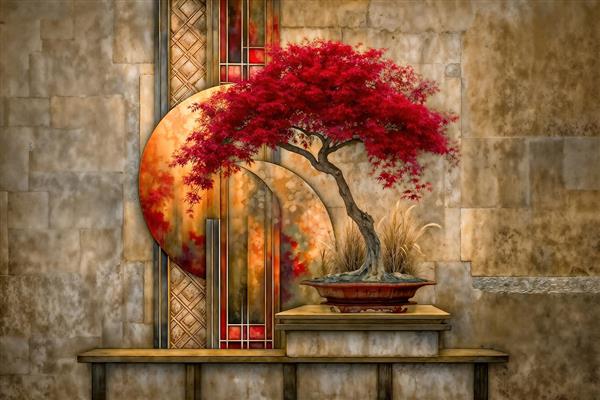 طرح بن‌سای قرمز مینیاتوری به سبک ژاپنی برای پوستر دیواری دکوراسیون داخلی رستوران و فضای مدیتیشن