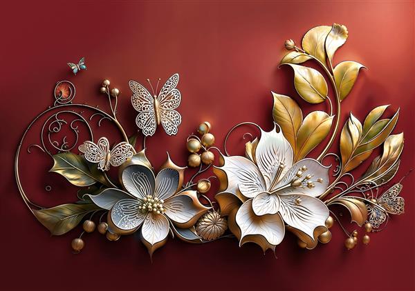 پوستر دیواری لاکچری طرح گل‌های جواهری و پروانه‌های طلایی روی زمینه زرشکی برای پشت میز مدیریت
