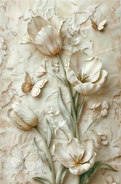 گچ‌بری عمودی طرح گل لاله و پروانه با بافت شنی ویژه پوستر دیواری سه بعدی راهرو و ستون ویلا