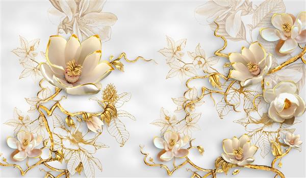 پوستر دیواری لوکس طرح گل ارکیده طلایی و سفید با شاخه‌های براق برای دکوراسیون پشت تخت و اتاق خواب