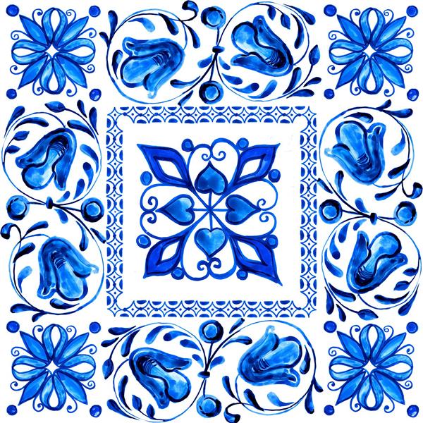 طرح کاشی سنتی آبی و سفید با نقوش اسلیمی برای چاپ روی بشقاب دیوارکوب رانر و کاشی تزیینی آشپزخانه