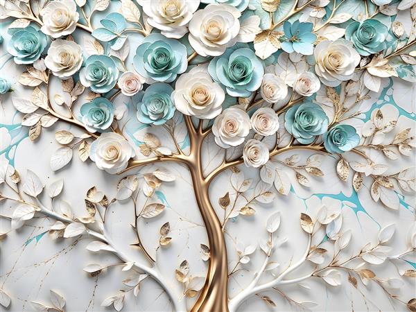 پوستر دیواری لاکچری طرح درخت با گل‌های برجسته آبی و سفید مناسب دکوراسیون پذیرایی و پشت تلویزیون در هتل و ویلا