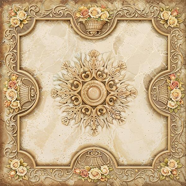 کادر بندی اشرافی گچ‌بری با سبد گل‌های رز برای پوستر دیواری سقف و دیوارهای کلاسیک و تولید کاغذ کادو و آلبوم لوکس