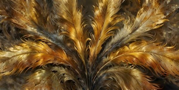 طرح انتزاعی پرهای درخشان طلایی و زغالی برای پوستر دیواری پشت تلویزیون و دکوراسیون داخلی مدرن و چاپ روی محصولات نساجی