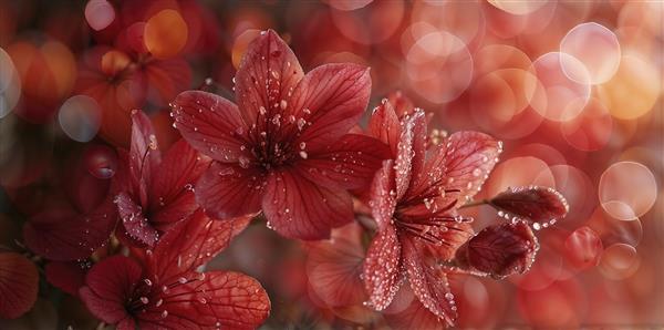 تصویر باکیفیت شکوفه‌های گیلاس قرمز با قطرات شبنم و بوکه برای پوستر دیواری فانتزی و چاپ روی شاسی و دفترچه‌های یادداشت