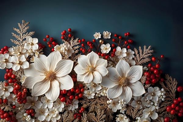 گل‌های سفید مگنولیا و میوه‌های قرمز وحشی روی پس‌زمینه تیره برای پوستر دیواری زمستانی لابی و چاپ روی جعبه‌های کادویی