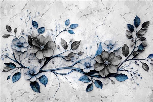 طرح مونوکروم گل‌های کلاسیک با طیف آبی تیره و خاکستری برای پوستر دیواری اتاق خواب و چاپ روی کلاسور و لوازم تحریر