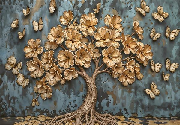 درخت شکوفه طلایی و پروانه‌ها روی دیوار پتینه فیروزه‌ای ویژه پوستر دیواری پذیرایی و پشت تختخواب و تولید روتختی دونفره