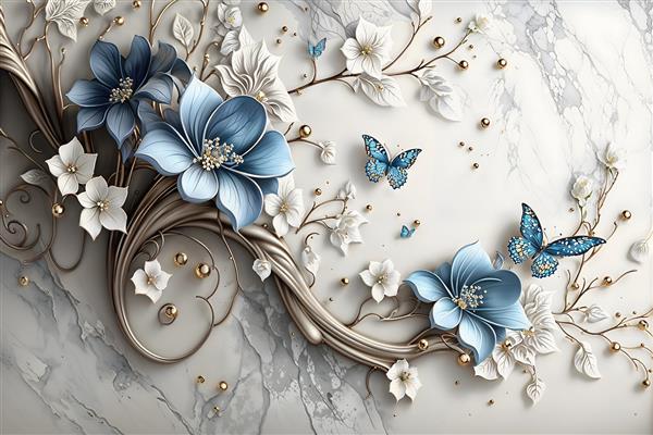 پوستر دیواری سه بعدی گل‌های آبی و پروانه‌های درخشان روی سنگ مرمر سفید مناسب برای اتاق کودک، مهدکودک و تزئینات تالار