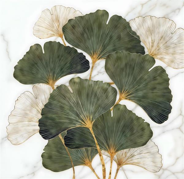 طرح مدرن برگ‌های گیاه جینکوبیلوبا سبز و طلایی روی پس‌زمینه مرمر برای پوستر دیواری اتاق نشیمن و چاپ روی بشقاب و ماگ