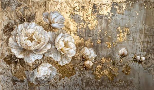 کاغذ دیواری طرح نقاشی رنگ روغن گل‌های رز سفید با ورق طلا مناسب برای پشت تختخواب و تولید روتختی بزرگسال و آلبوم عکس